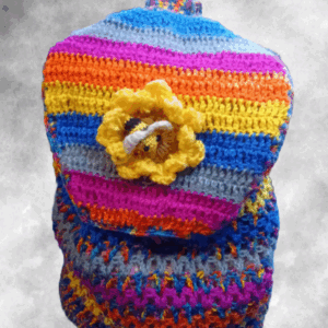“Rainbow Buzz” — a colourful crocheted backpack!