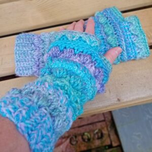 Twilight Thistle - a pair of smoky green, blue and violet fingerless gloves.