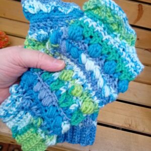 Seafoam Whispers - a pair of bluey-green fingerless gloves.