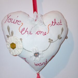 You're the one that I want - a hanging heart with a whimsical 'love note'